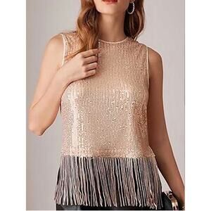 Grace Karin NWT large sequence champagne fringe sleeveless top festival concert